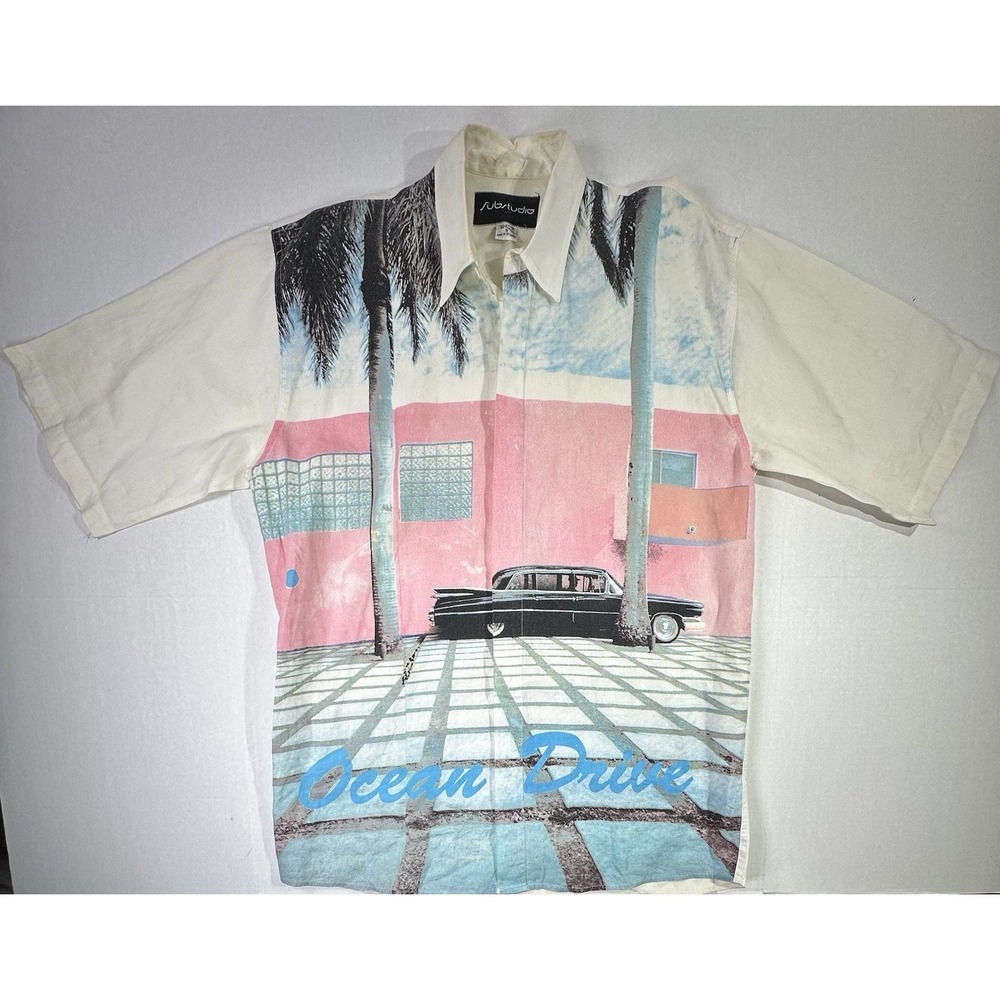 Substudio Ocean Drive Miami Graphic Button Shirt Sz S Vintage 80s 90s Art Print